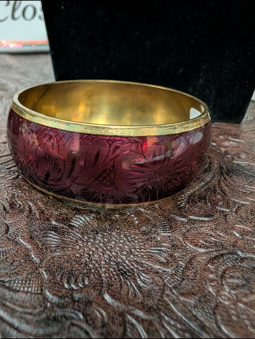 Gold-Tone Wide Enamel Bangle Bracelet in Deep Wine Red